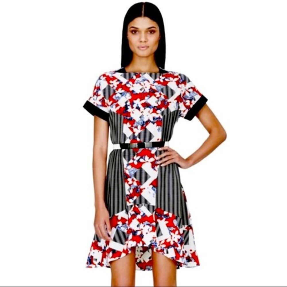 NWT Peter Pilotto Short Sleeved Dress in Red Floral & Check Print with Belt 6